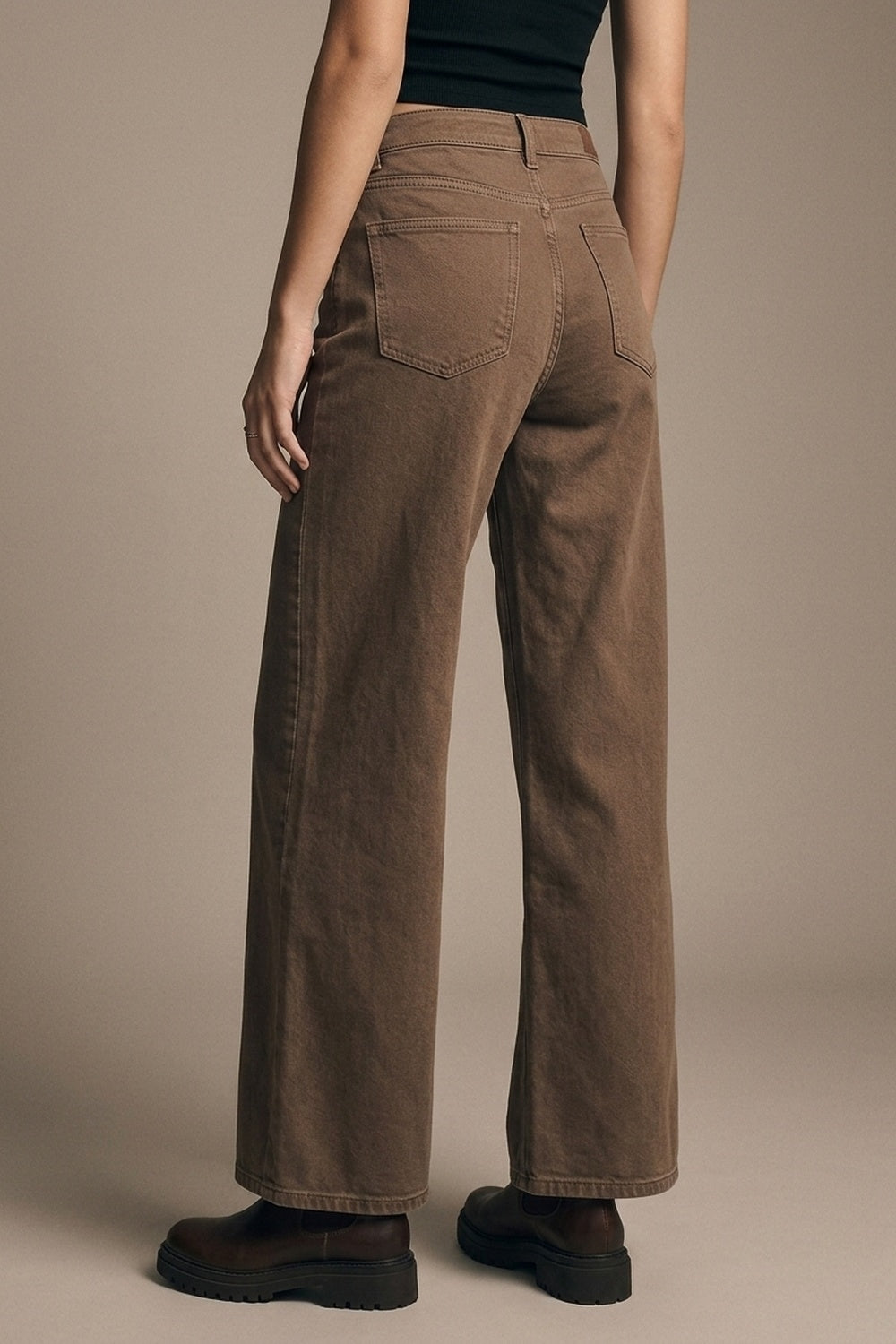 Brown Wide-Leg Casual Cotton Denim Pants