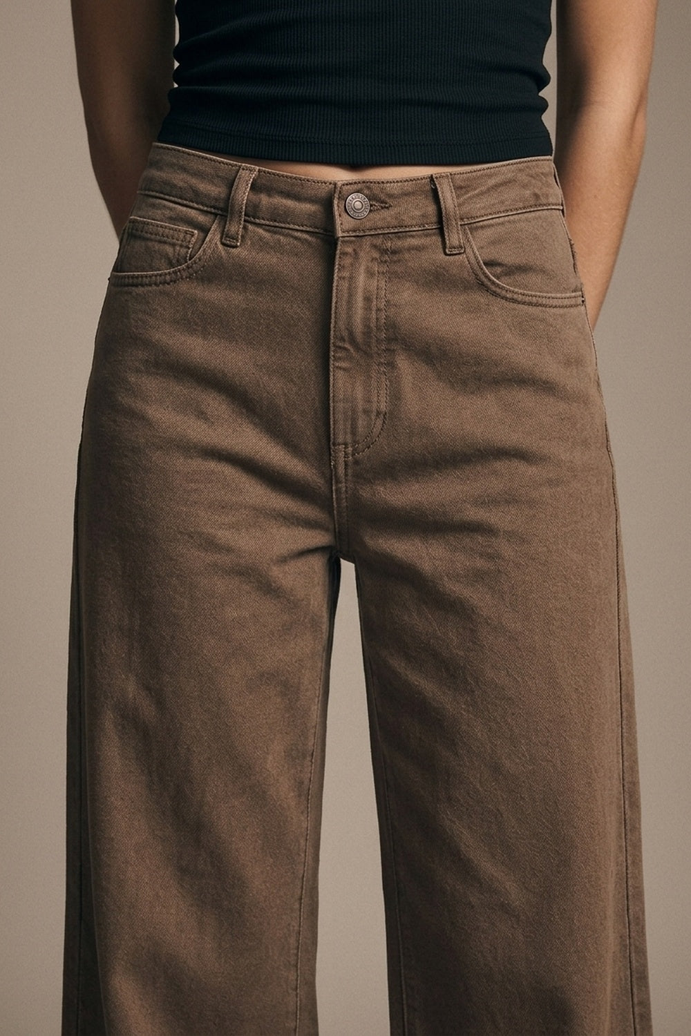 Brown Wide-Leg Casual Cotton Denim Pants