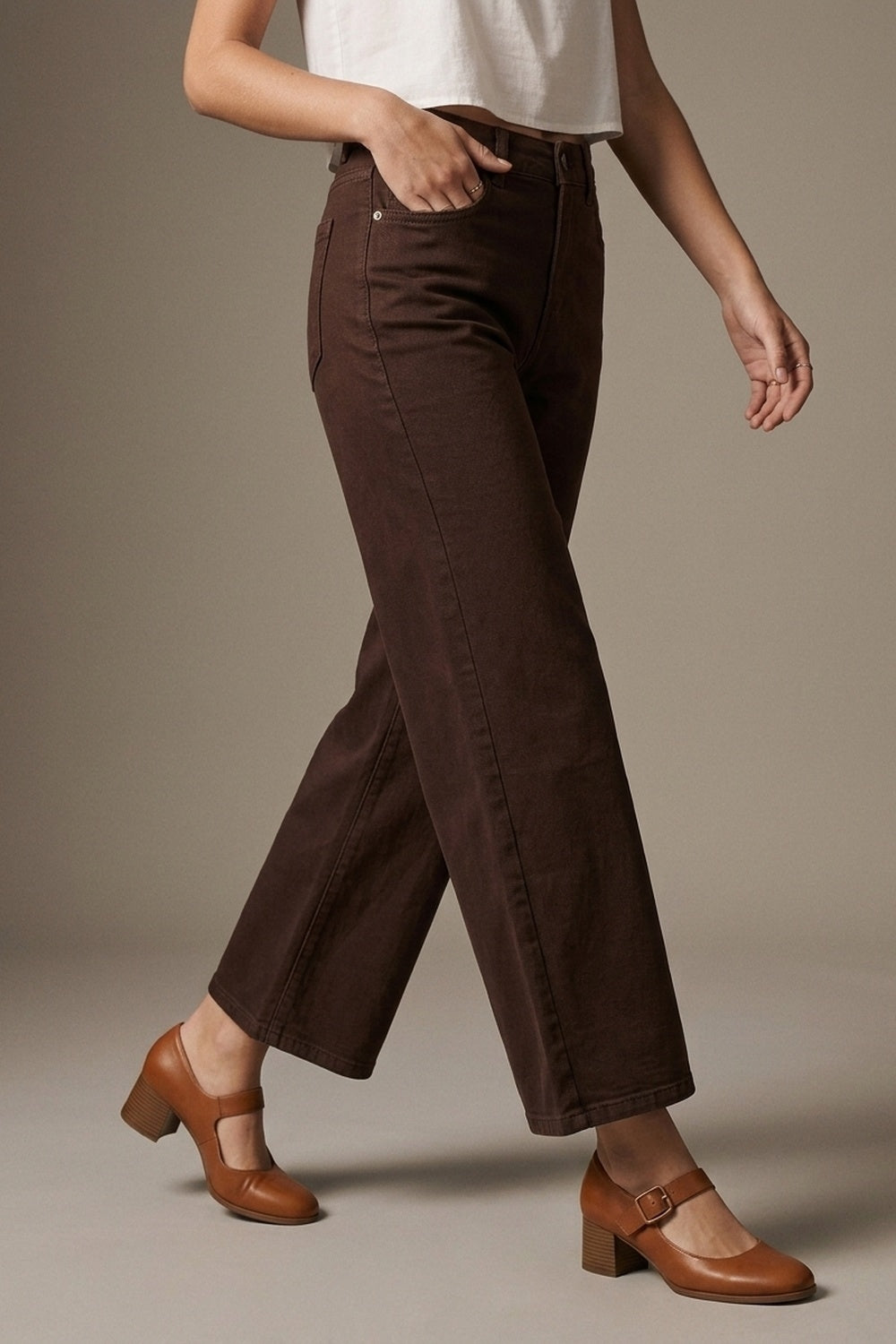 Wide Leg Cropped Jeans in Chocolate Brown