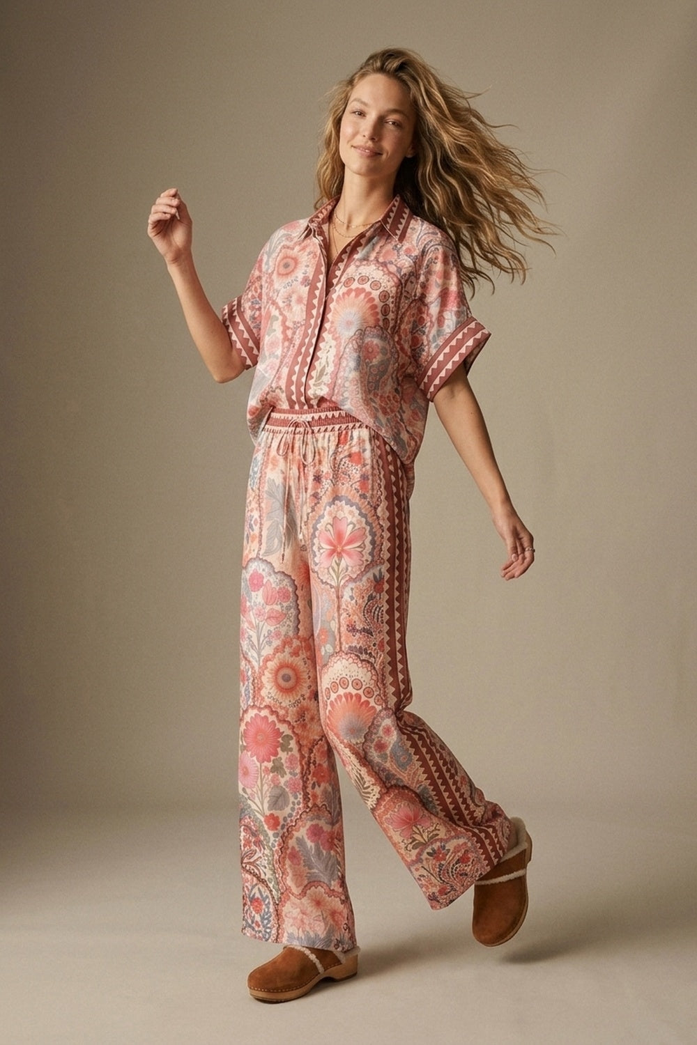 Multicolor Floral Print Lightweight Woven Fabric pants with Waist Wide