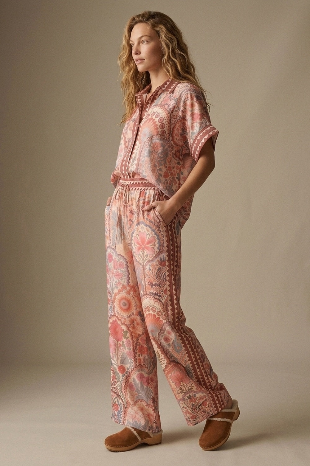 Multicolor Floral Print Lightweight Woven Fabric pants with Waist Wide