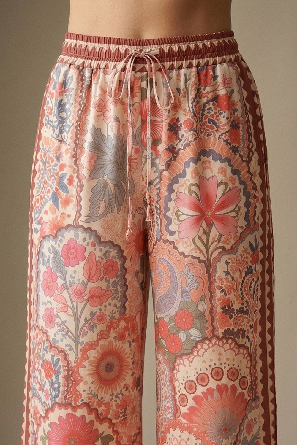 Multicolor Floral Print Lightweight Woven Fabric pants with Waist Wide