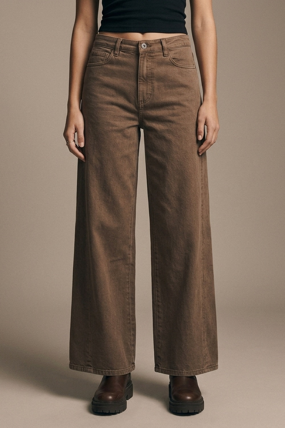 Brown Wide-Leg Casual Cotton Denim Pants