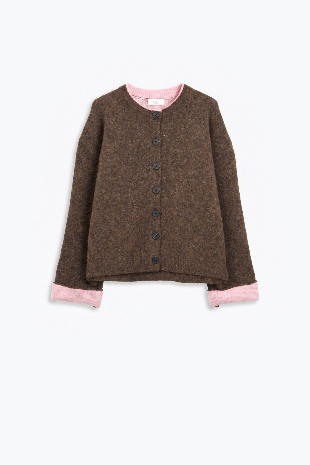 Brown Soft Knit pink Contrast Trim Button Cardigan Sweater