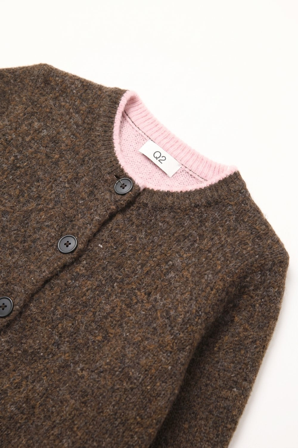 Brown Soft Knit pink Contrast Trim Button Cardigan Sweater
