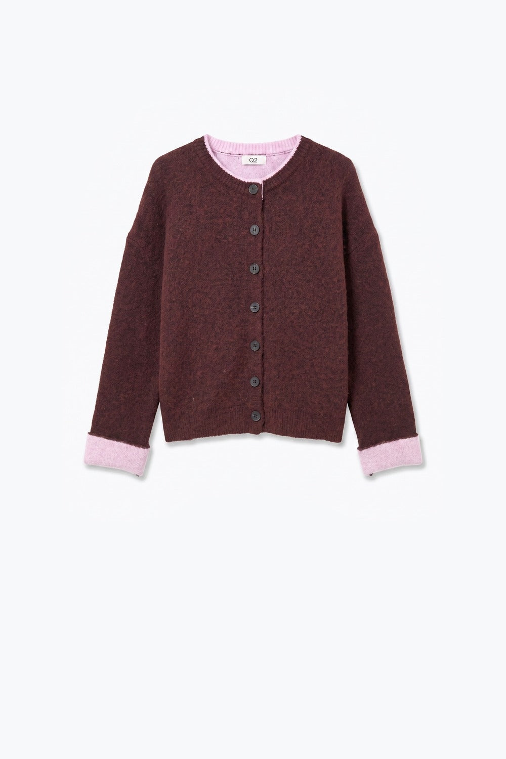 Burgundy Soft Knit Contrast Trim Button Cardigan Sweater