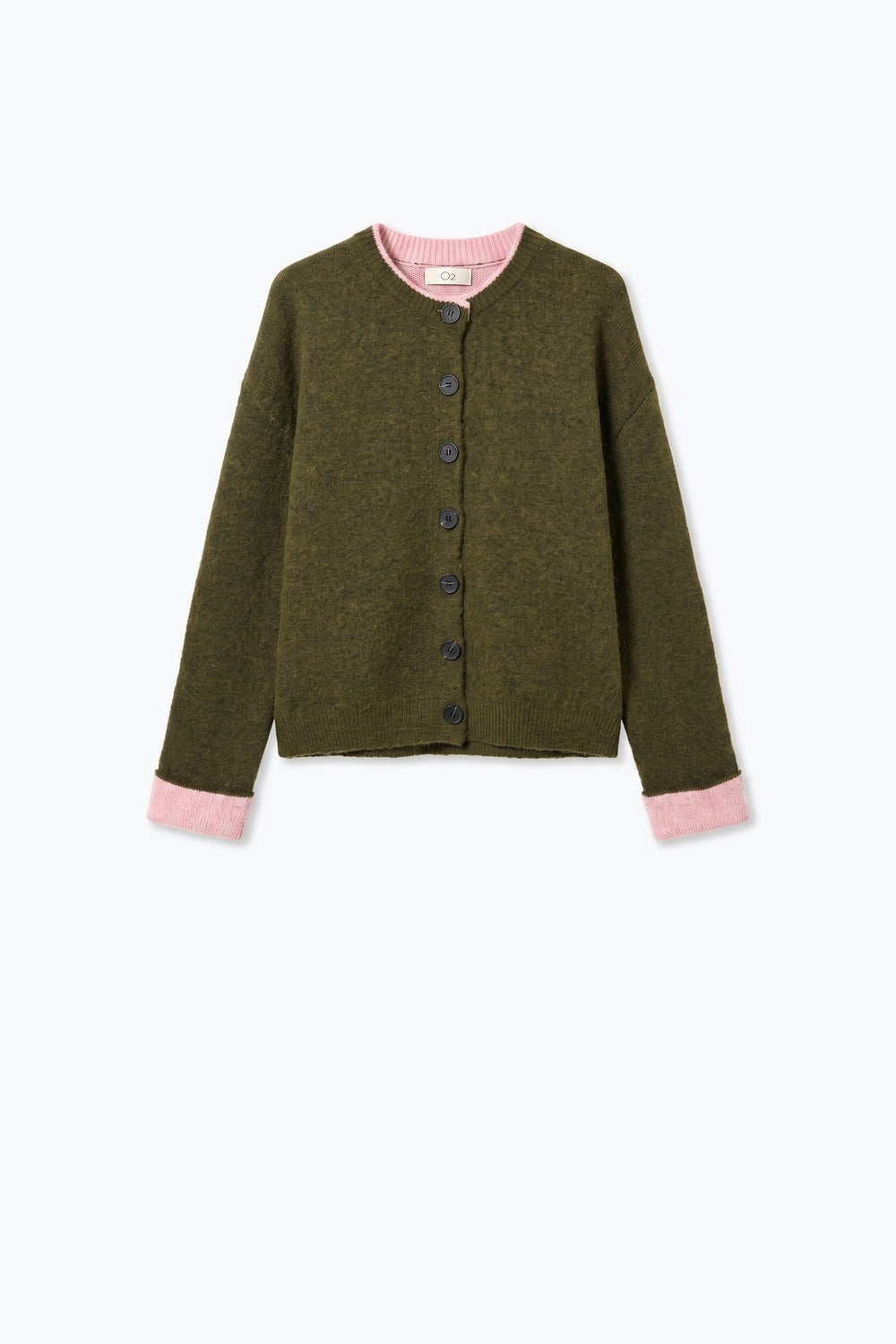 Olive Fine Knit Pink Ribbed Trim Button Cardigan