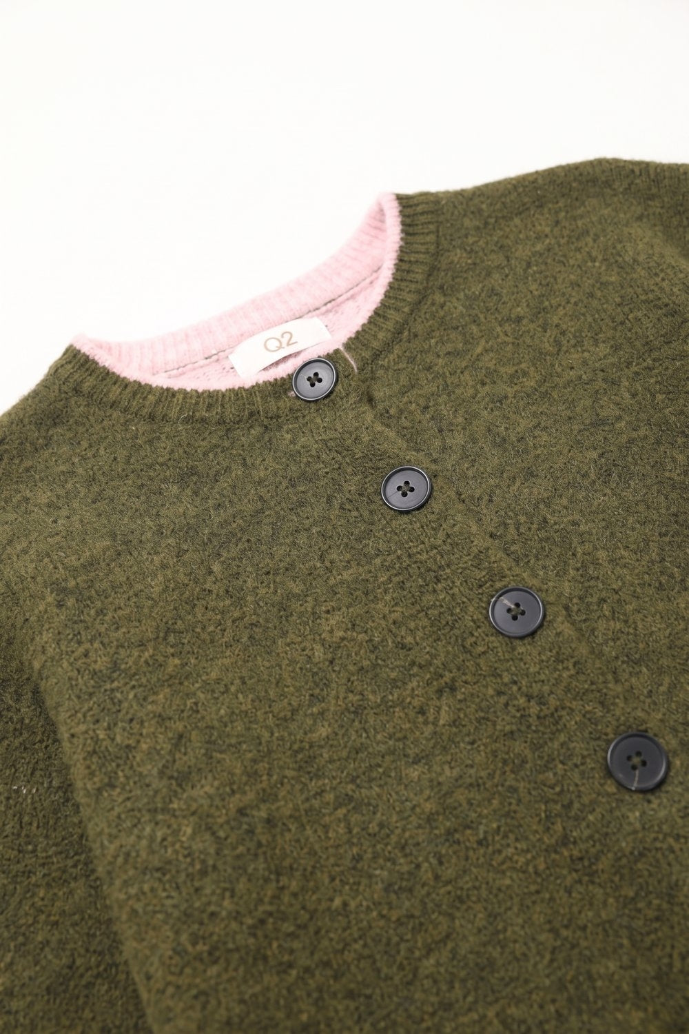 Olive Fine Knit Pink Ribbed Trim Button Cardigan