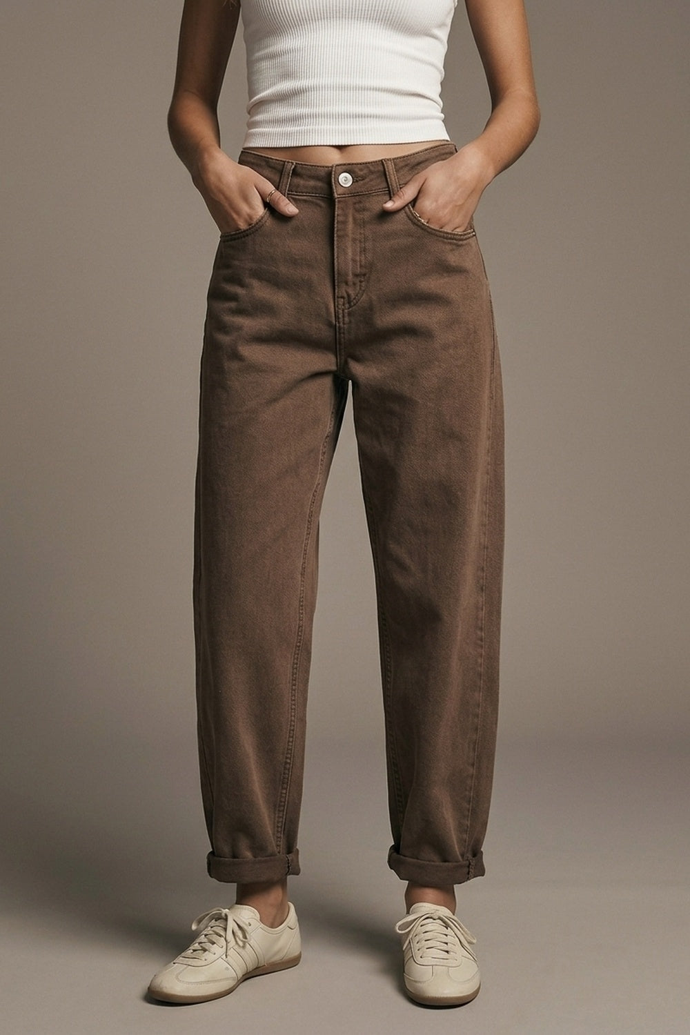 High-Waisted Barrel-Leg Pants in Washed Cocoa