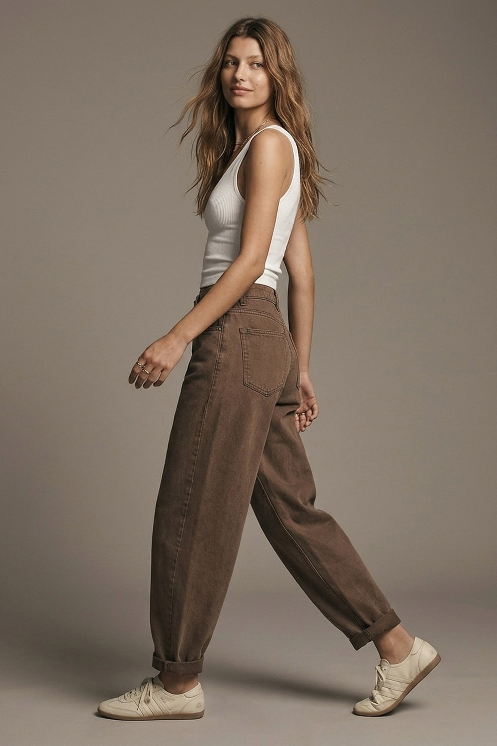 High-Waisted Barrel-Leg Pants in Washed Cocoa