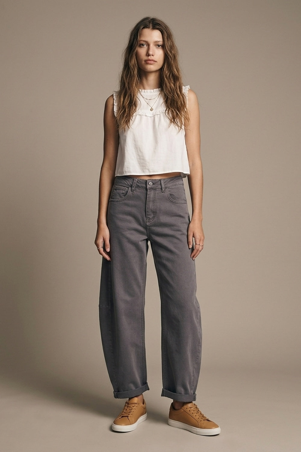 Trendy Gray Barrel Balloon Jeans with Pockets