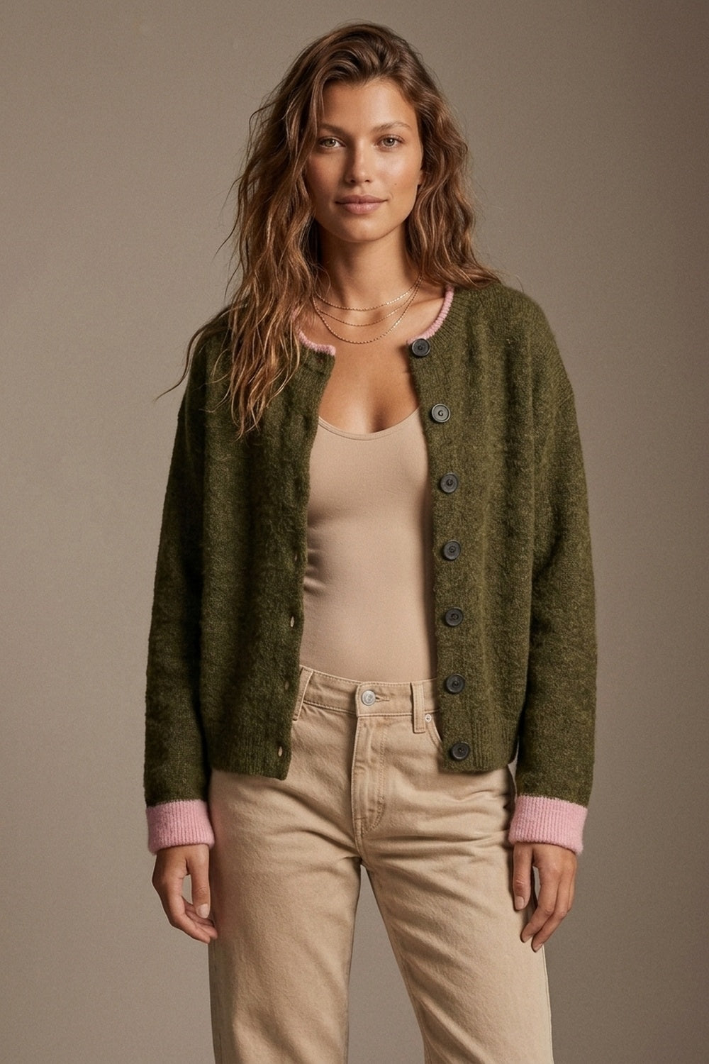 Olive Fine Knit Pink Ribbed Trim Button Cardigan