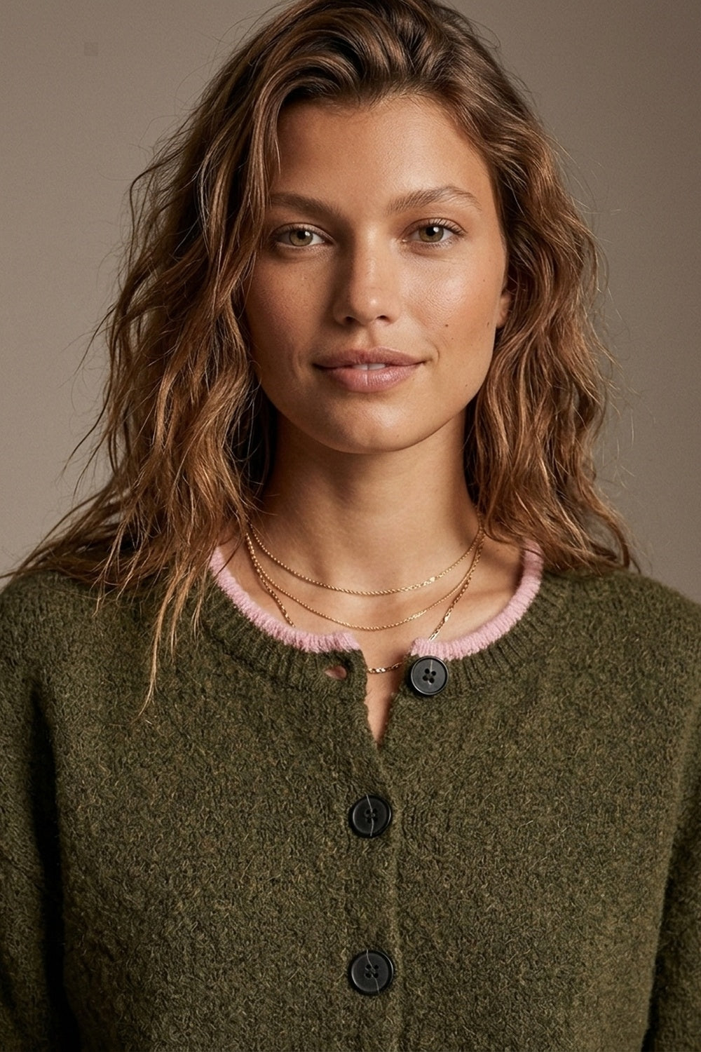 Olive Fine Knit Pink Ribbed Trim Button Cardigan