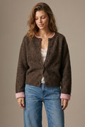 Brown Soft Knit pink Contrast Trim Button Cardigan Sweater