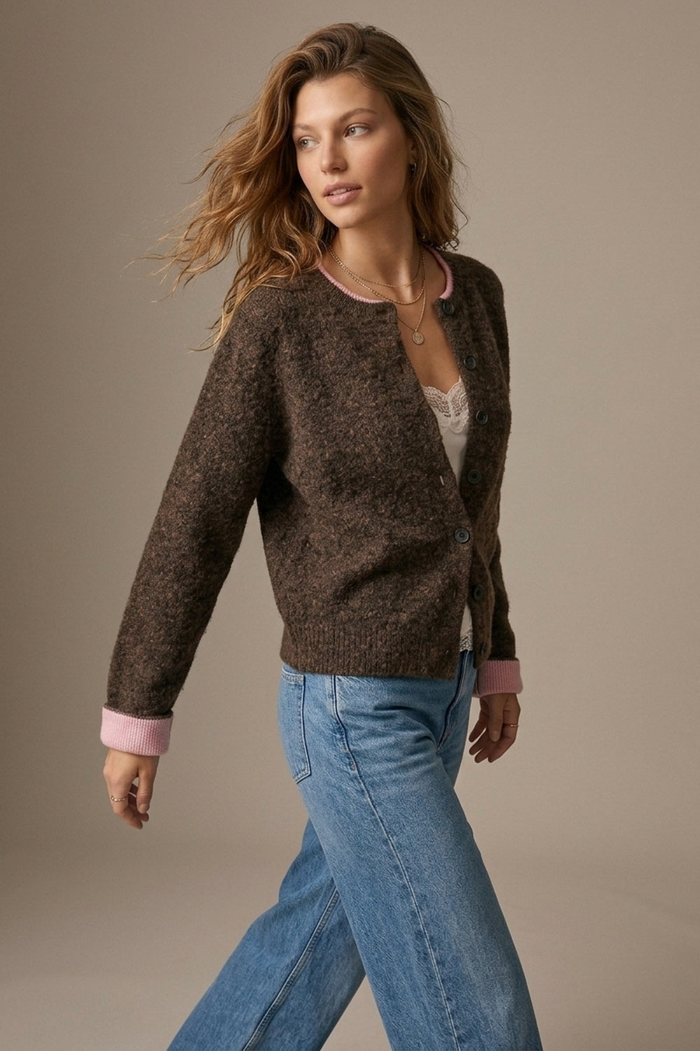 Brown Soft Knit pink Contrast Trim Button Cardigan Sweater