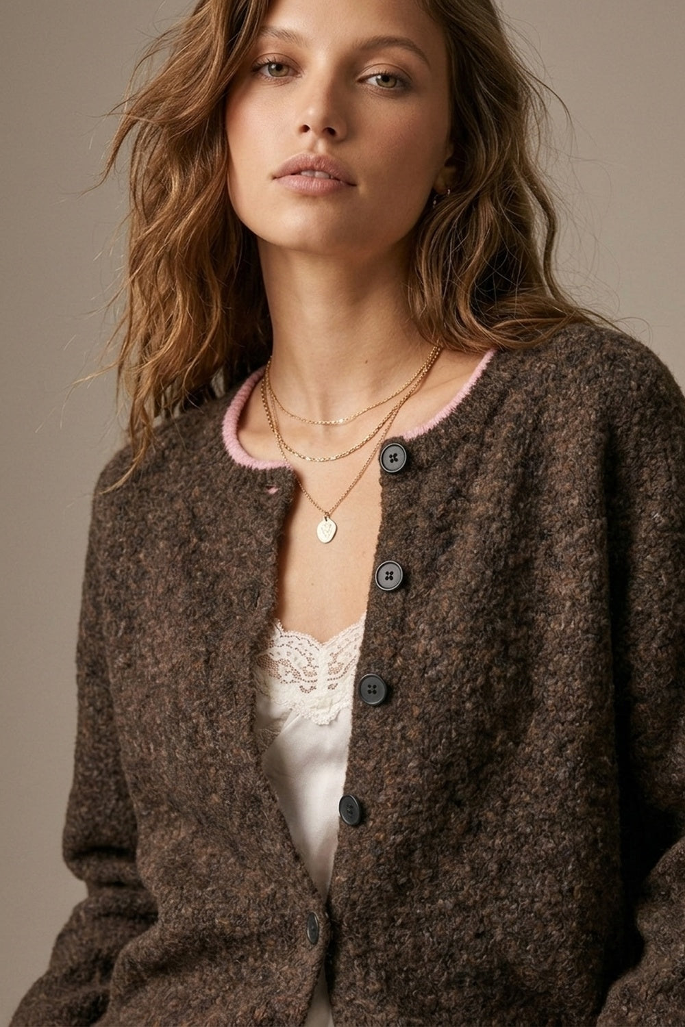 Brown Soft Knit pink Contrast Trim Button Cardigan Sweater