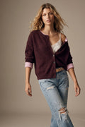 Burgundy Soft Knit Contrast Trim Button Cardigan Sweater