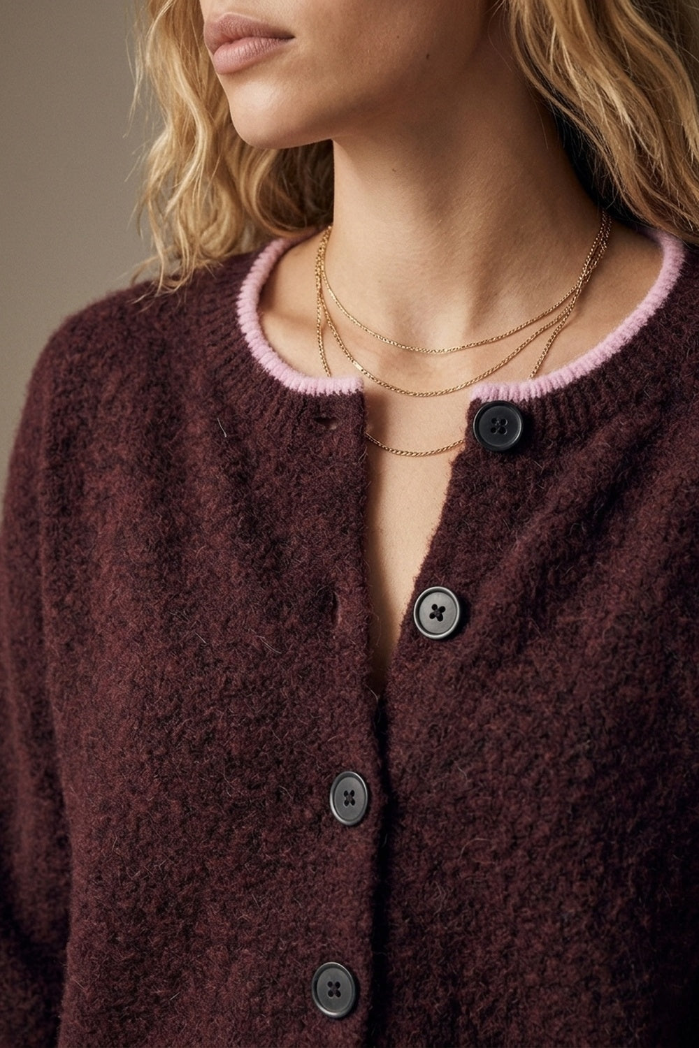 Burgundy Soft Knit Contrast Trim Button Cardigan Sweater
