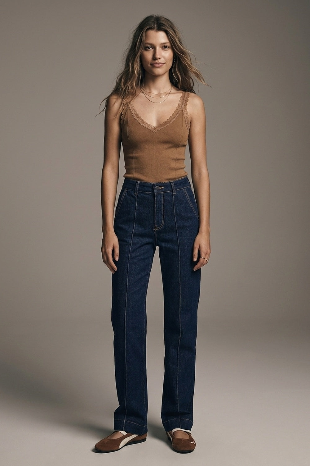 Long Straight Dark Blue Jeans With Contrast Stitching