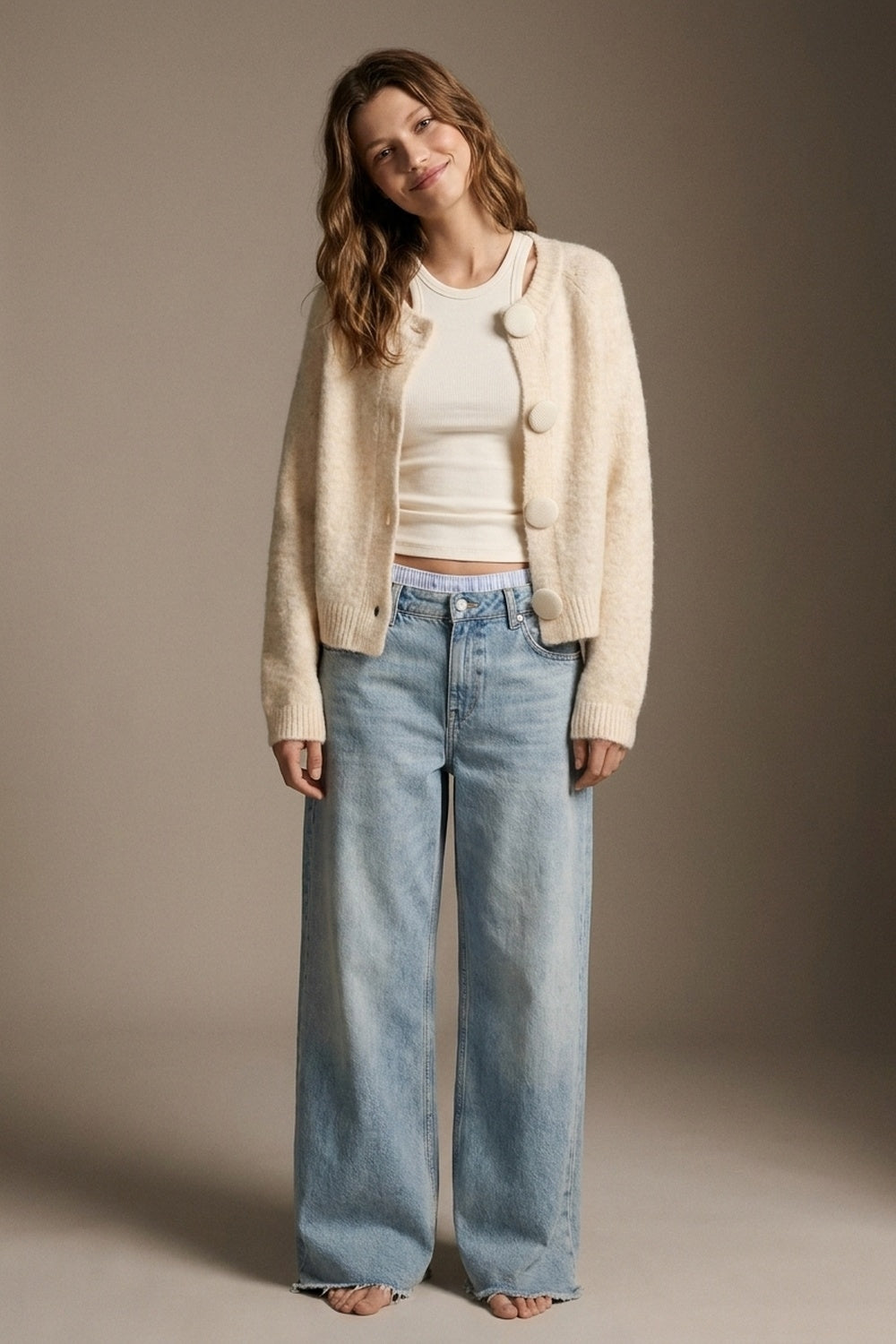 Cream fluffy Knit Round Neck Button Front Cardigan