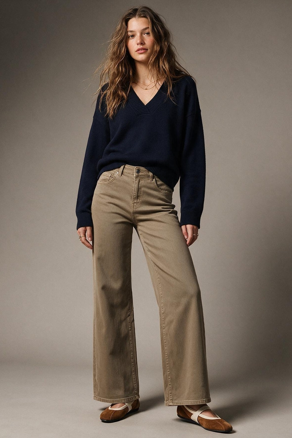 dark beige Wide Leg pants in Stretch Denim