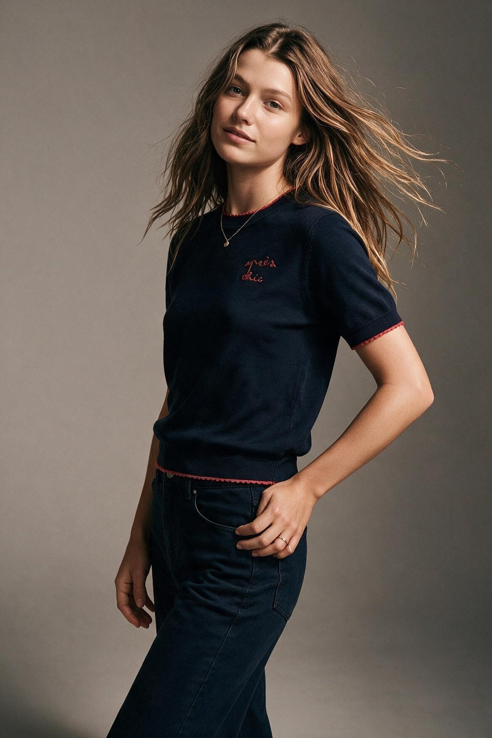 Navy Fine Knit Embroidered Short Sleeve sweater with red Trim
