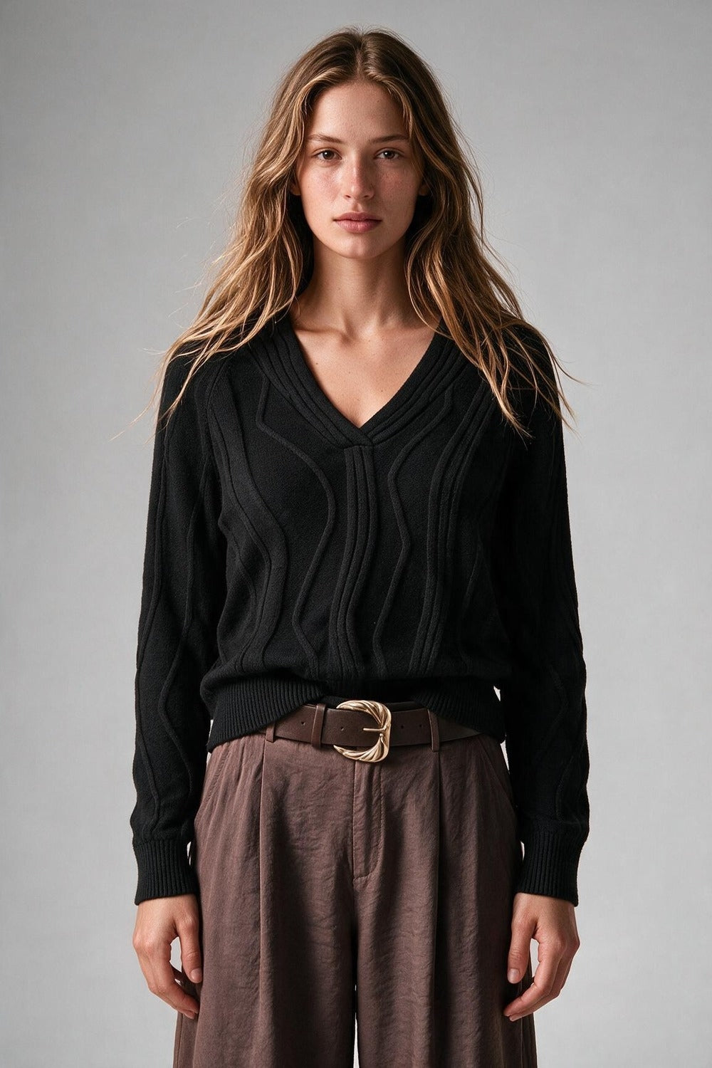 Textured Wave-Knit V-Neck Sweater in black