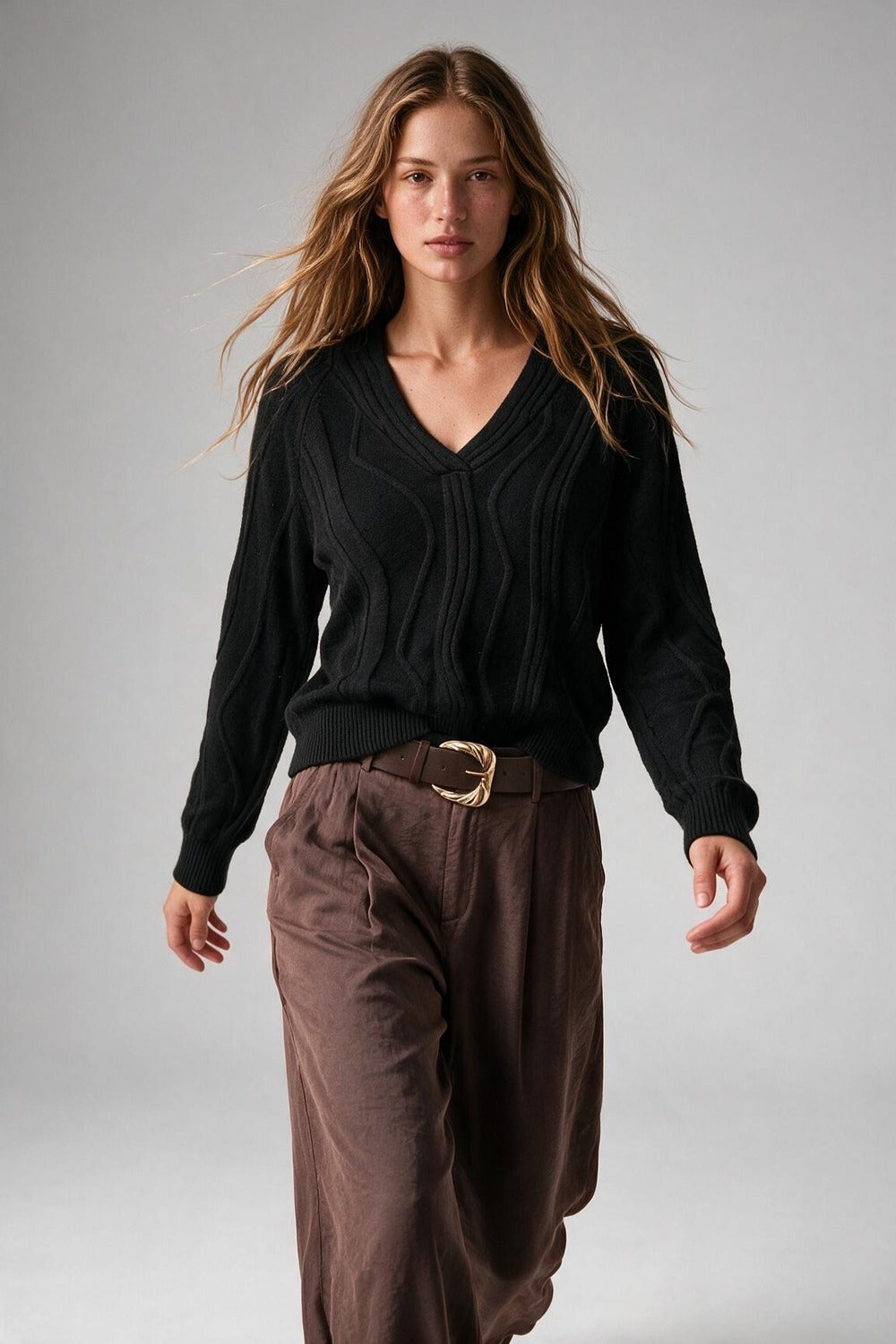 Textured Wave-Knit V-Neck Sweater in black
