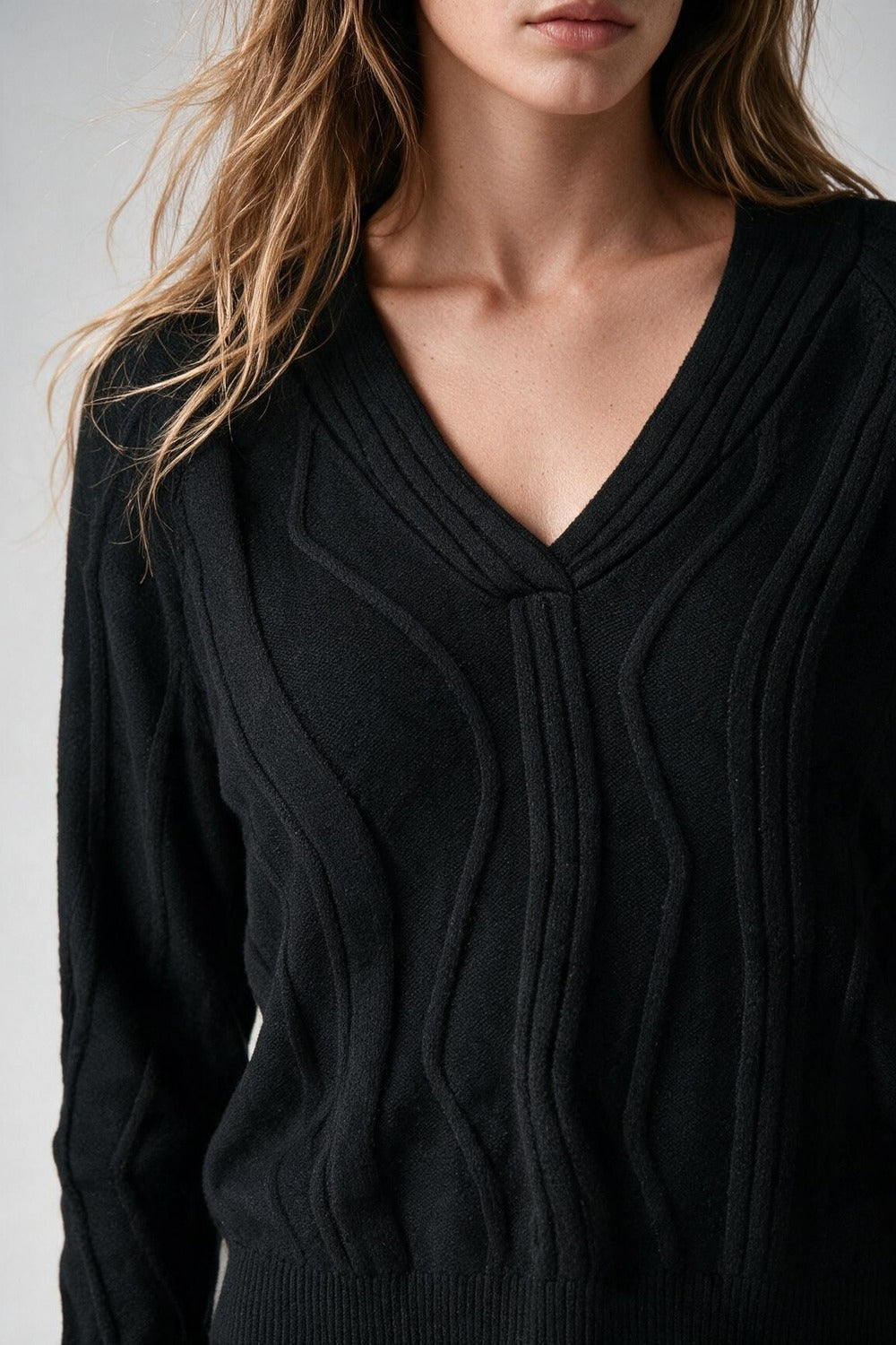 Textured Wave-Knit V-Neck Sweater in black