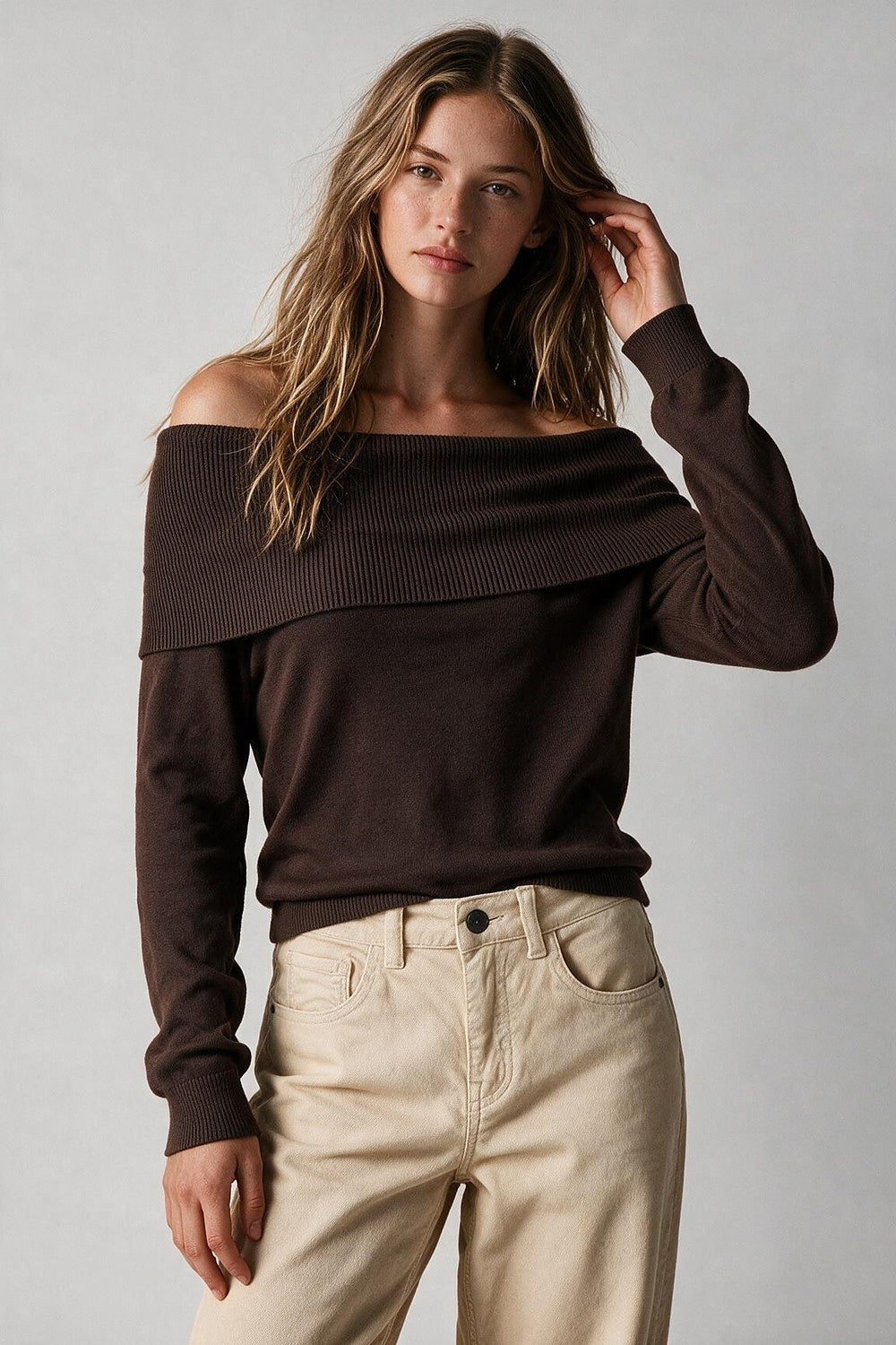 Brown Ribbed Knit Off Shoulder Long Sleeve Sweater