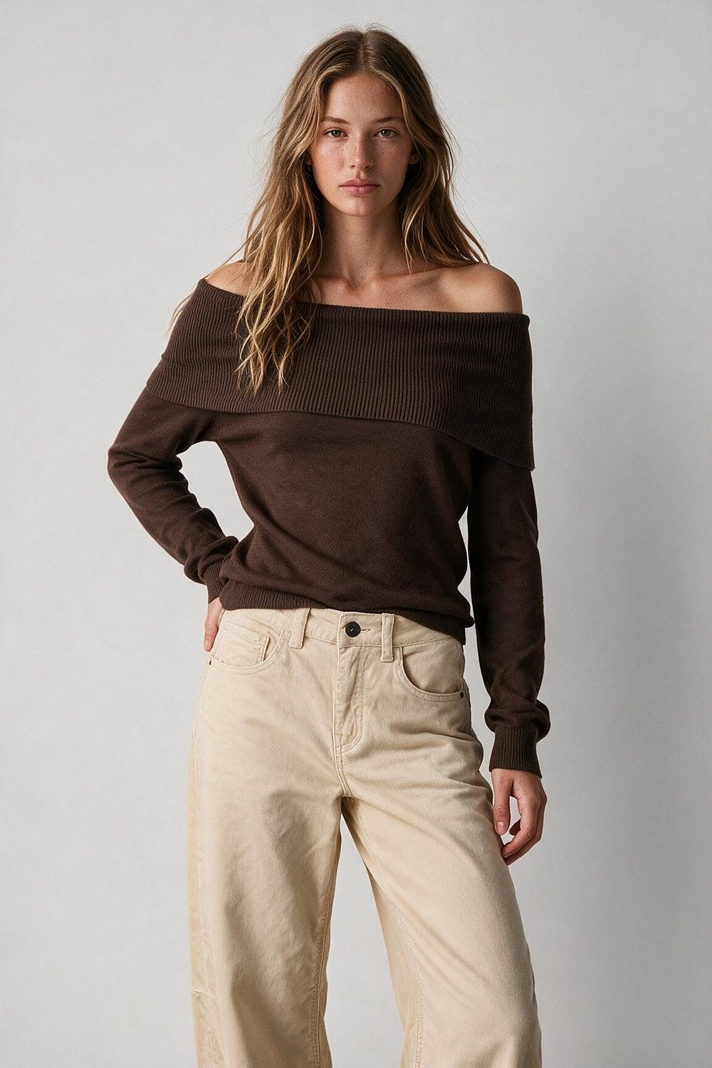 Brown Ribbed Knit Off Shoulder Long Sleeve Sweater