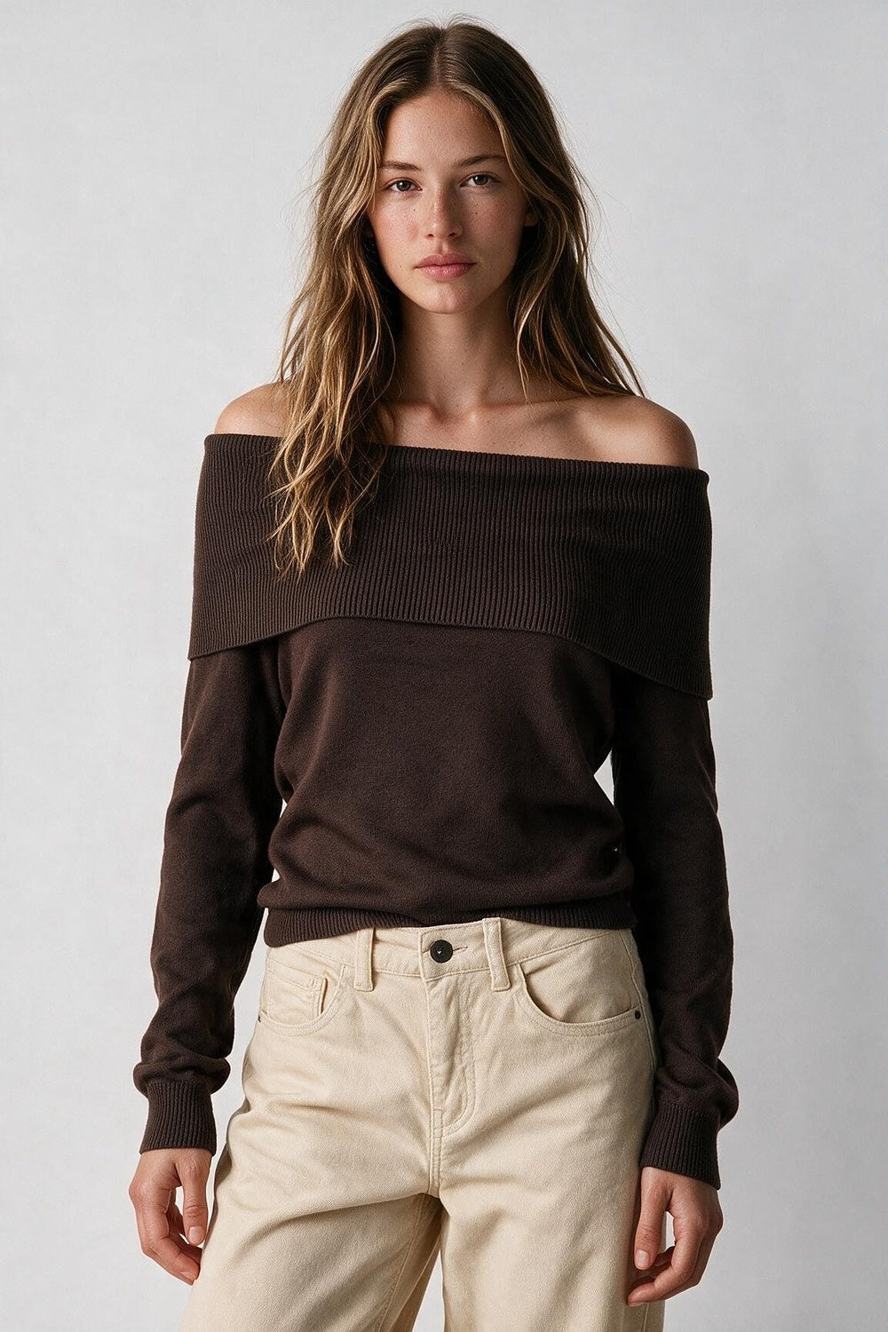 Brown Ribbed Knit Off Shoulder Long Sleeve Sweater
