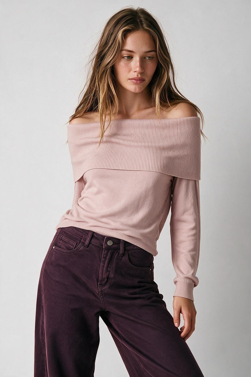 Light Pink Ribbed Knit Off Shoulder Long Sleeve Sweater