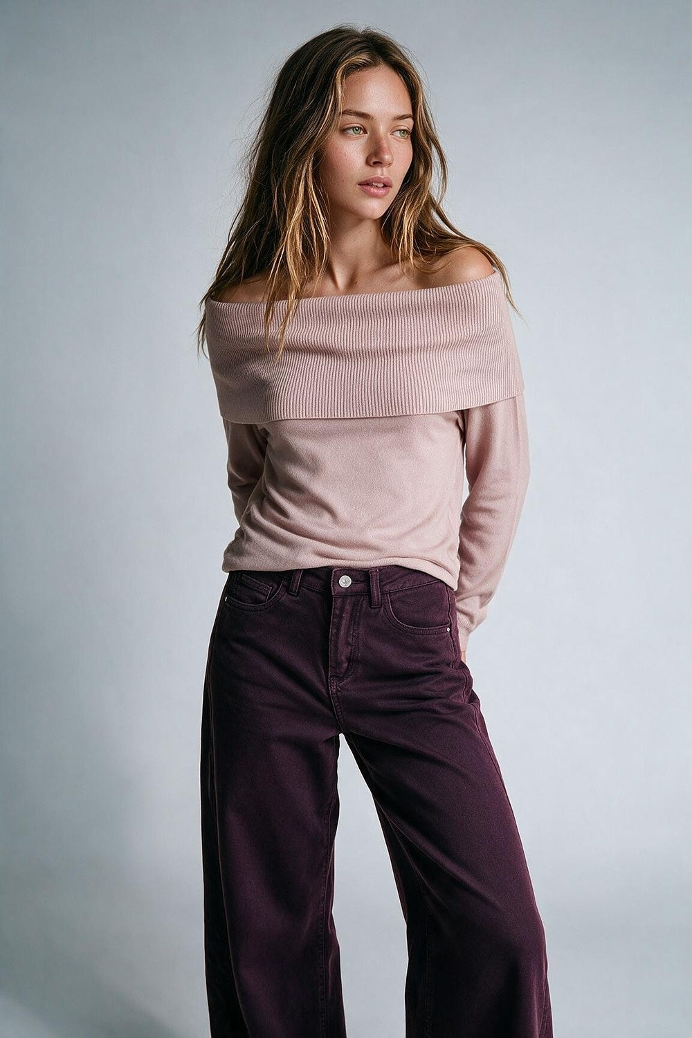 Light Pink Ribbed Knit Off Shoulder Long Sleeve Sweater