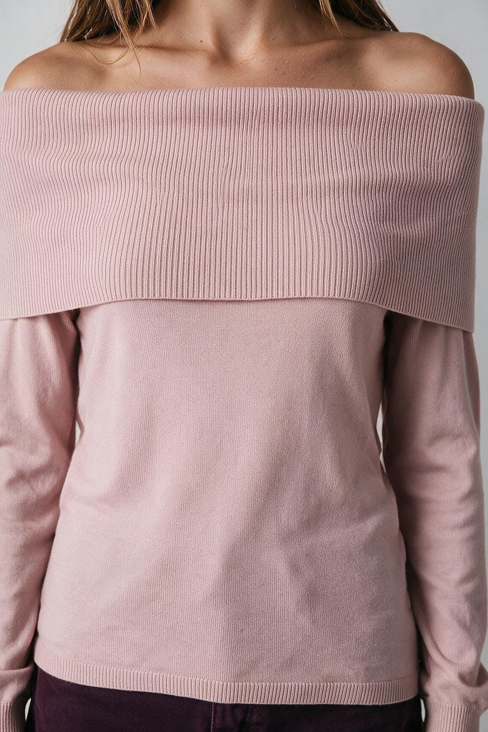 Light Pink Ribbed Knit Off Shoulder Long Sleeve Sweater