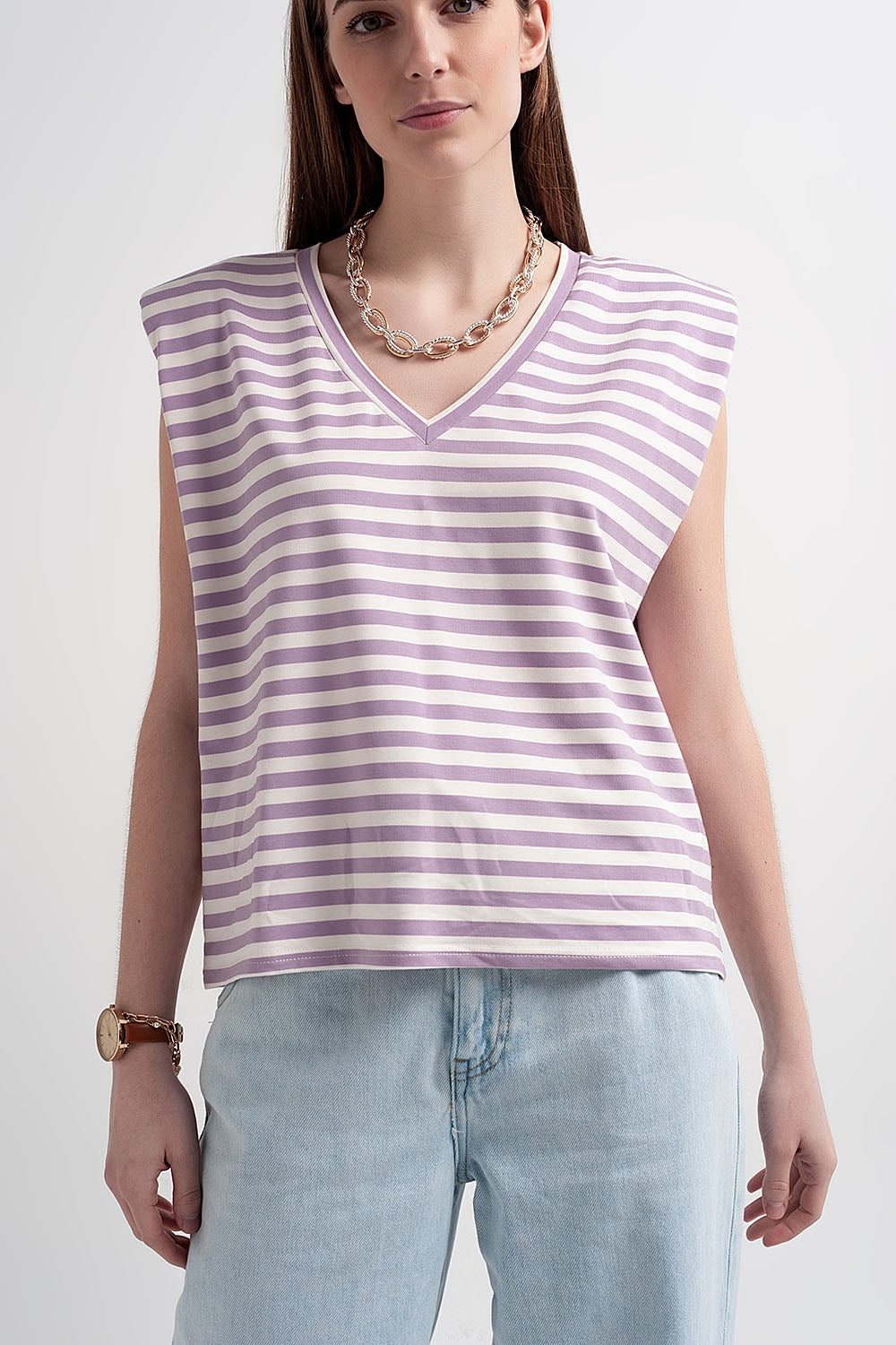 sleeveless t-shirt with shoulder pad in purple stripe