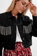 Black denim jacket with strass fringing
