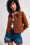 Raw edge denim jacket in brown