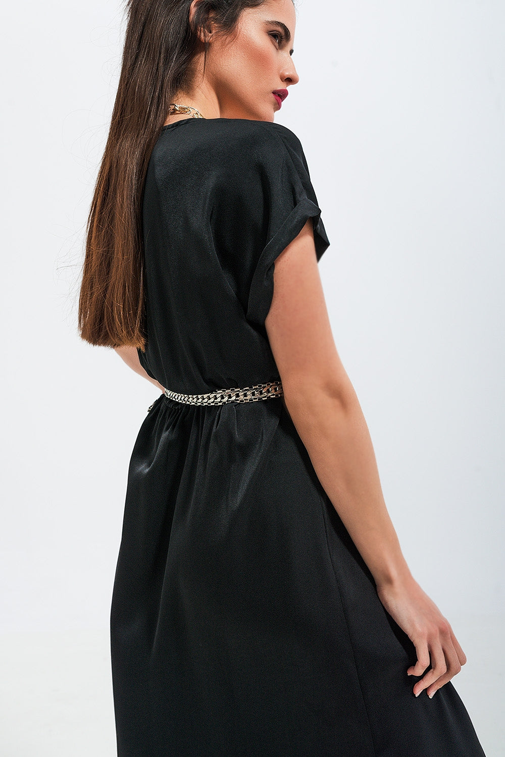 Short sleeve satin maxi dress in black