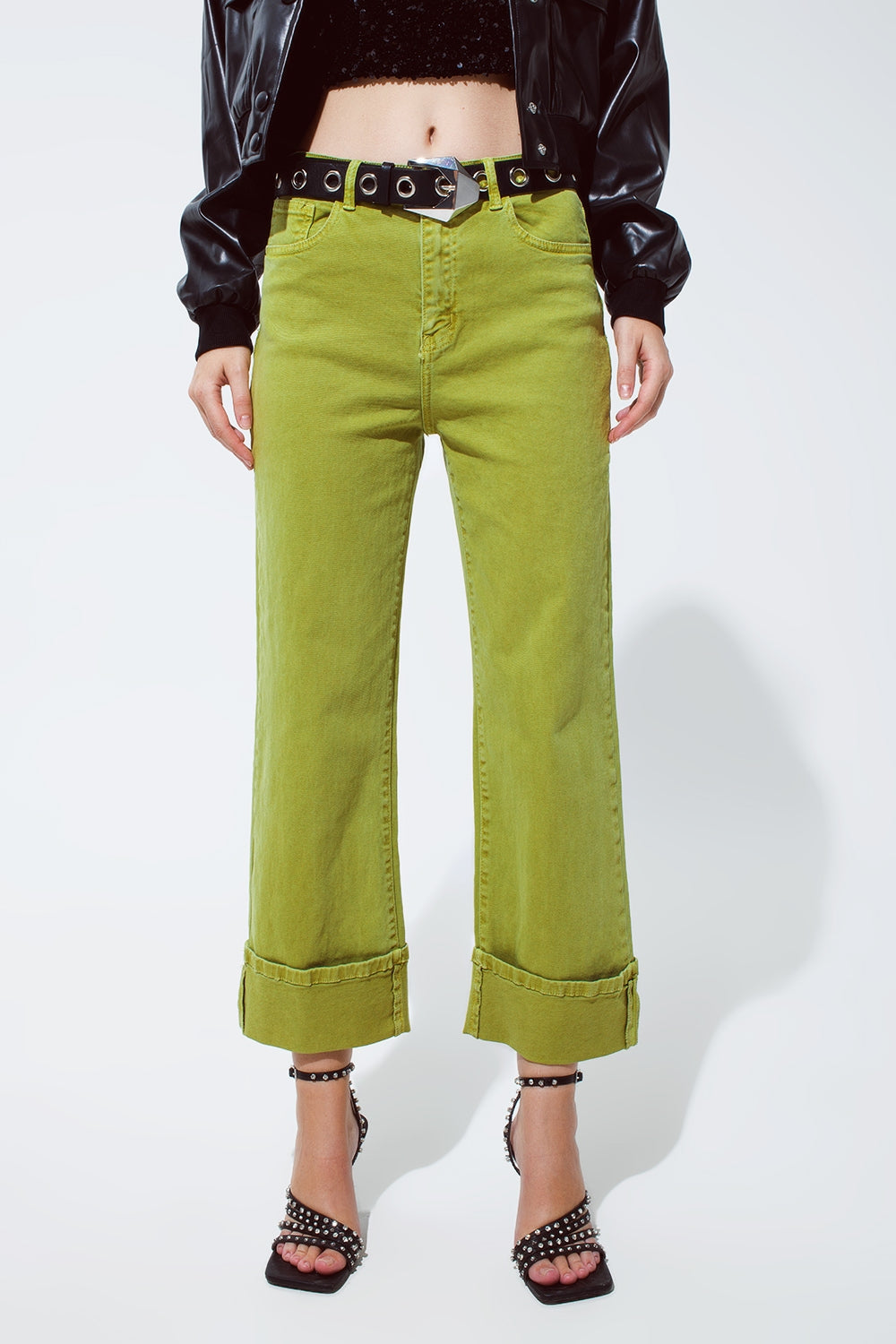 Straight Leg Jeans with Cropped Hem in olive green