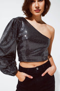 Party Cropped one shoulder top with glitter detail in silver