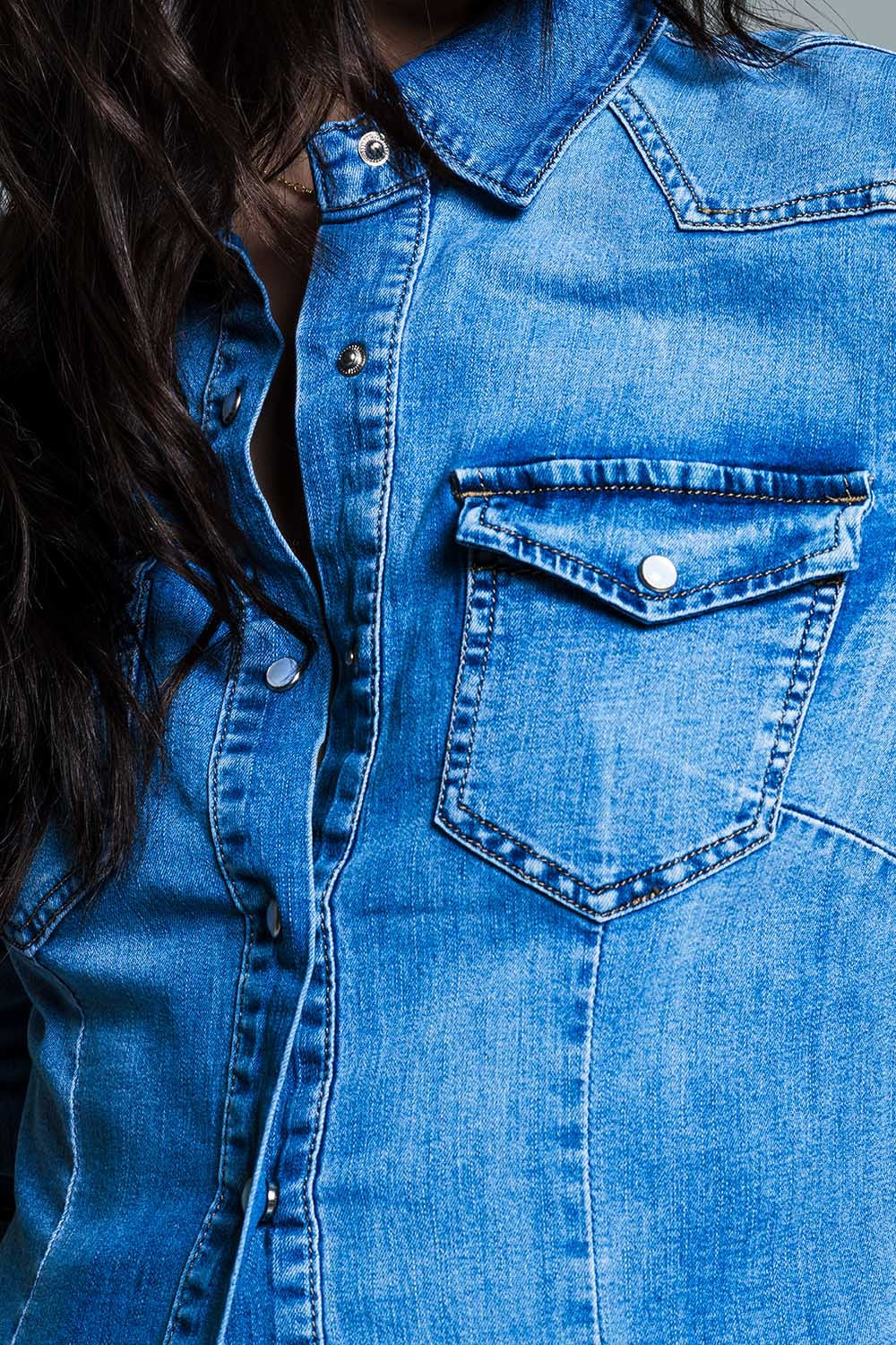 Mid Wash Denim Shirt  With Chest Pockets And Press Buttons