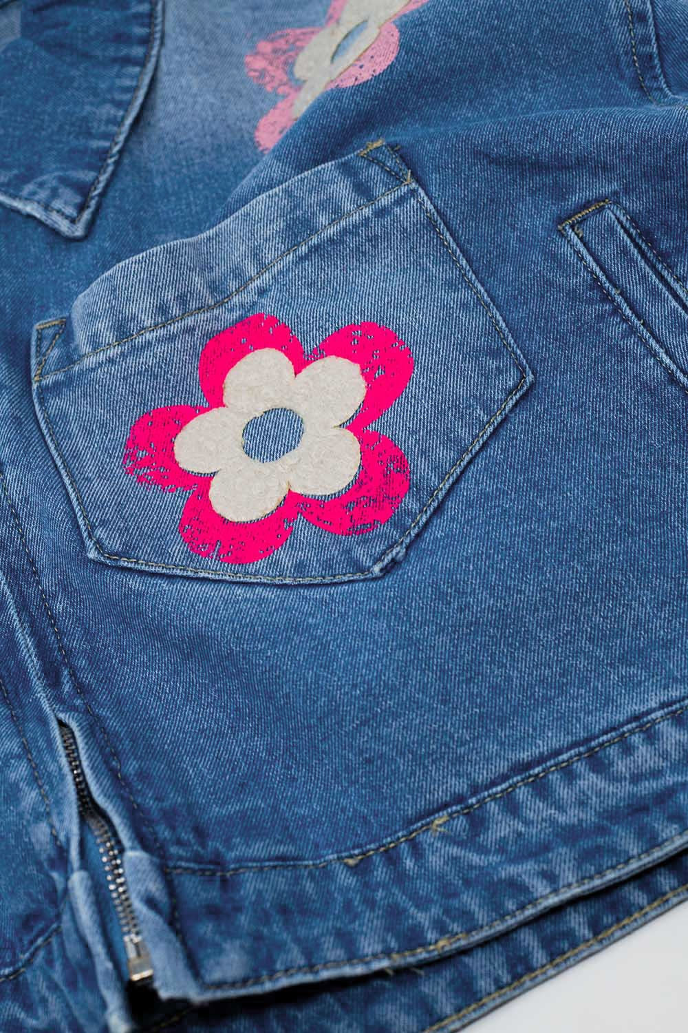 Denim Cropped Jacket WIth Flower Details