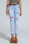 Light Blue super Skinny Jeans With Bow ties and Ripped Holes