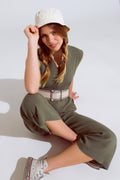 Sleeveless Jumpsuit with zipper detail and belt in khaki