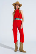 Red Jumpsuit With Crossed Halter Neckline