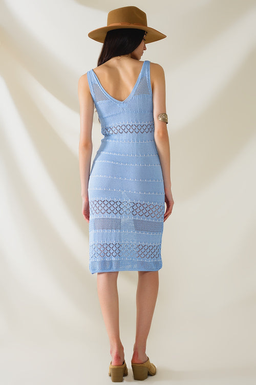 Baby Blue Midi Sleeveless Dress With V-neck and Crochet Design