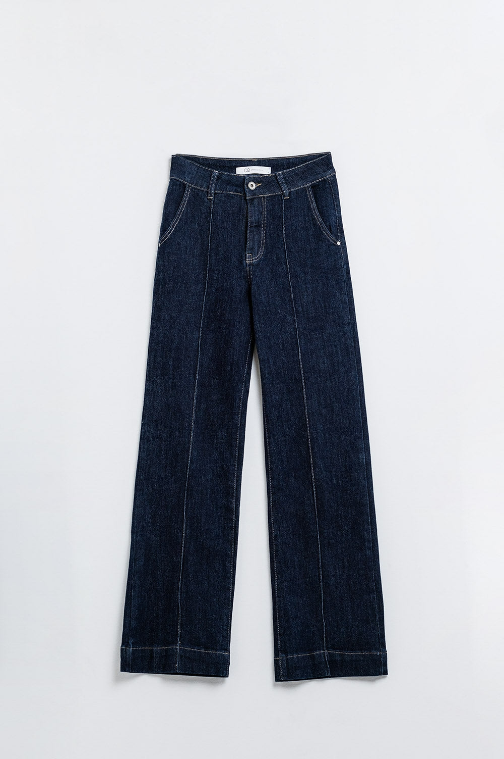 Long Straight Dark Blue Jeans With Contrast Stitching