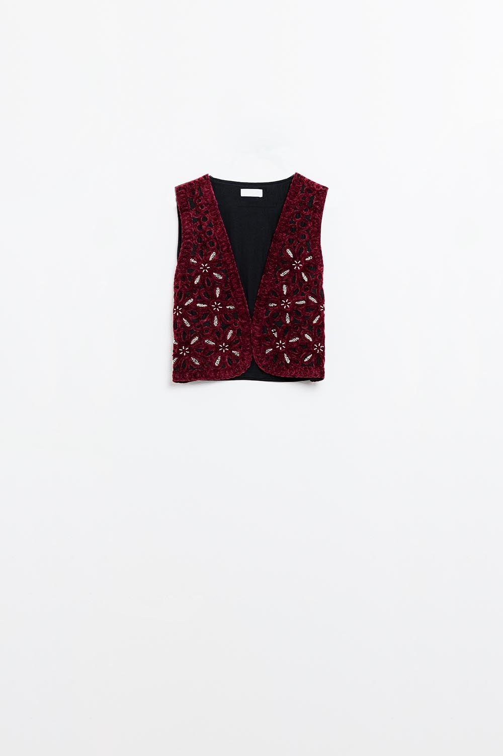 Beaded Embroidery Velvet Short Vest in burgundy