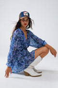 Blue abstract print short dress with adjustable waist
